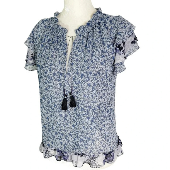 Misa Olga Ruffle Sleeve Mixed Print Boho Blouse Top Blue Size M - Picture 6 of 12
